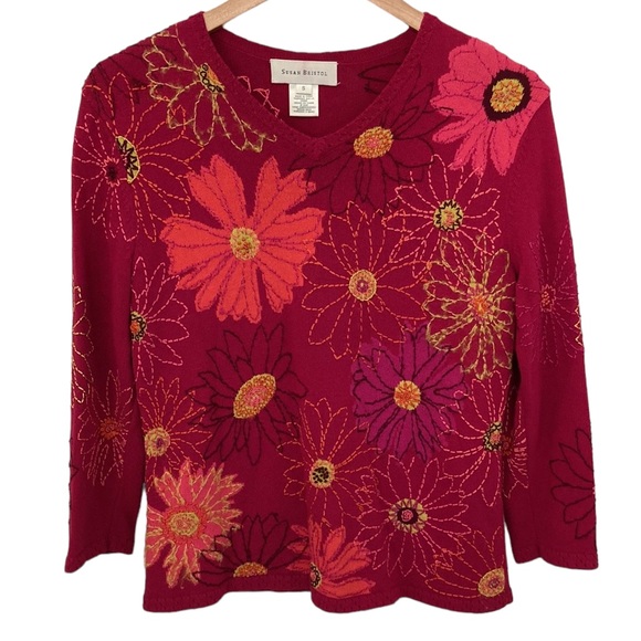 Vintage Magenta Pink Hand Embroidered Floral Knit Sweater - Picture 14 of 14